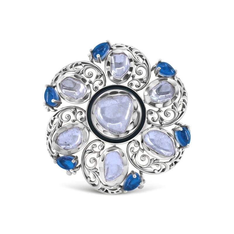 Polki Uncut Diamond Simulated Blue Sapphire Filigree Ring