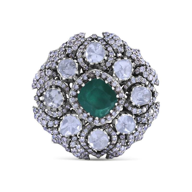 Polki Uncut Diamond Emerald Flower Ring