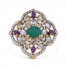 Polki Uncut Diamond Simulated Emerald & Amethyst Hibiscus Ring