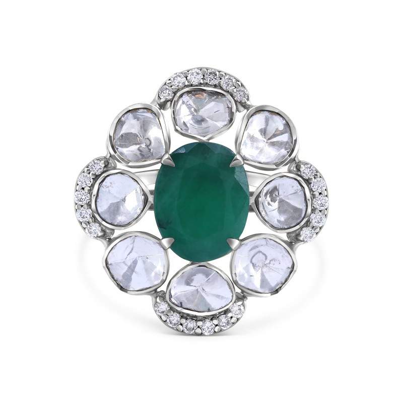 Polki Uncut Diamond Simulated Emerald Cluster Ring