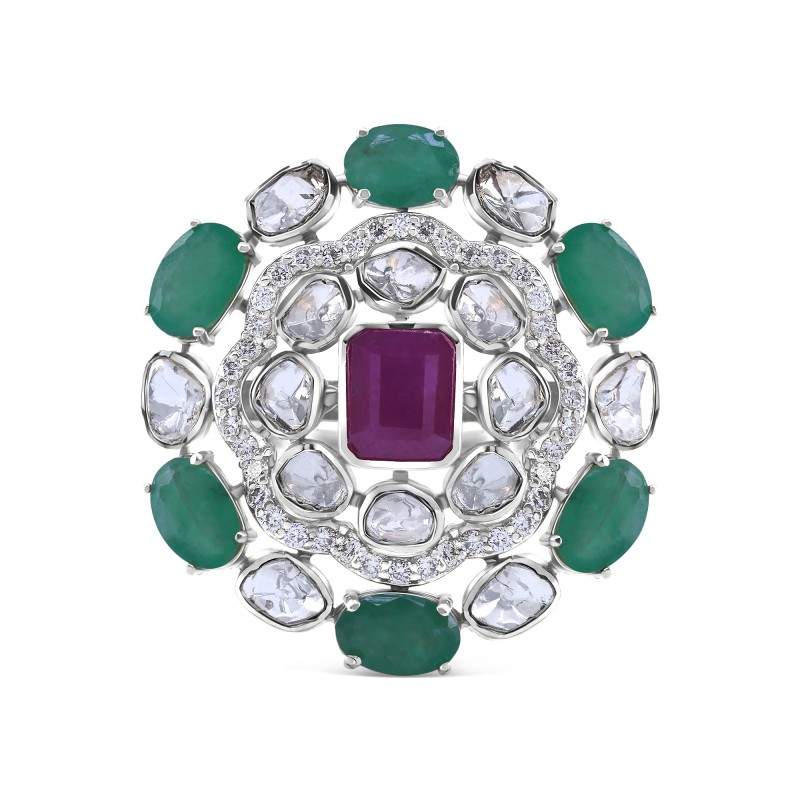 Polki Uncut Diamond Simulated Emerald & Ruby Ring