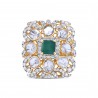 Polki Uncut Diamond Simulated Emerald Ornate Ring
