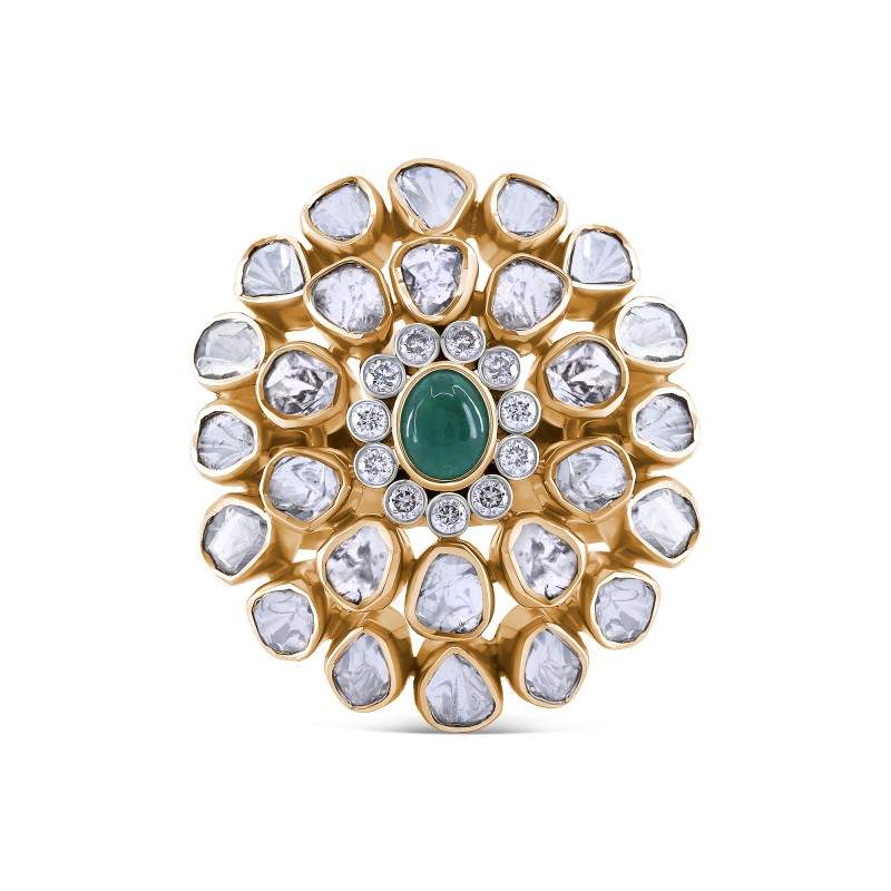 Polki Uncut Diamond Simulated Emerald Triple Row Flower Ring
