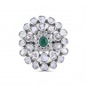Polki Uncut Diamond Simulated Emerald Triple Row Flower Ring