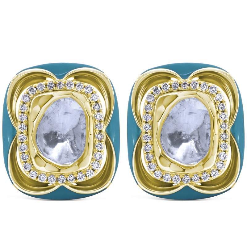 Polki Uncut Diamond & Enamel Floral Button Earrings