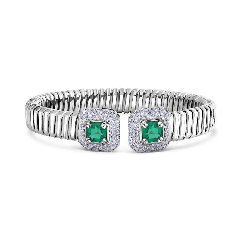 Double Color Stone & Diamond Cluster Open Bangle Bracelet