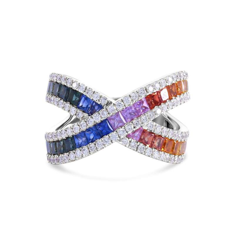 Princess Diamond Rainbow X-Shaped Band Ring