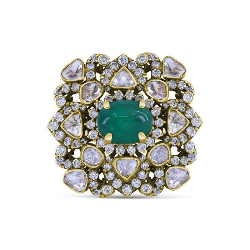 Polki Uncut Diamond Emerald Droplet Cluster Ring