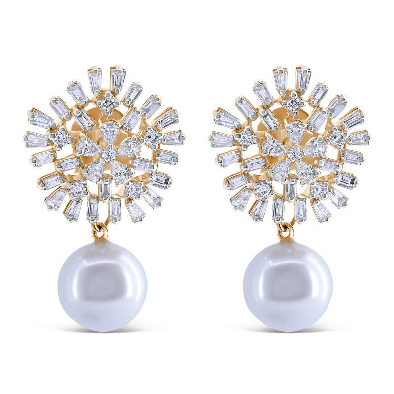 White Cultured Pearl & Diamond Snowflake Cluster Earrings