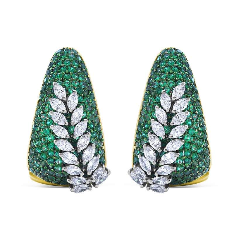Natural Diamond & Simulated Tsavorite Laurel Leaf Hoop Earrings