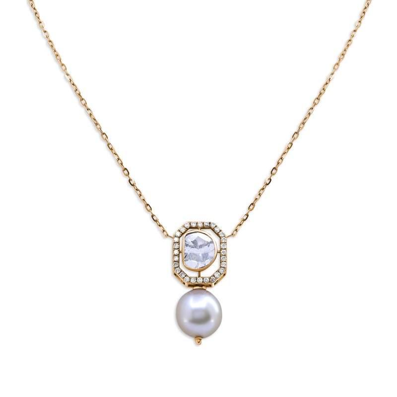 Polki Uncut Diamond Halo & Pearl Double Drop Pendant Necklace
