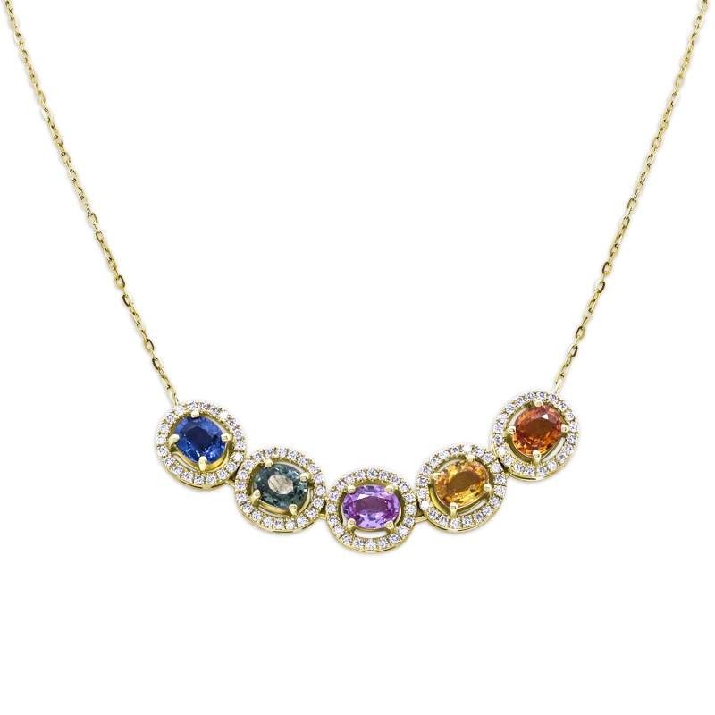 Diamond & Simulated Rainbow Gemstone Five Halo Necklace