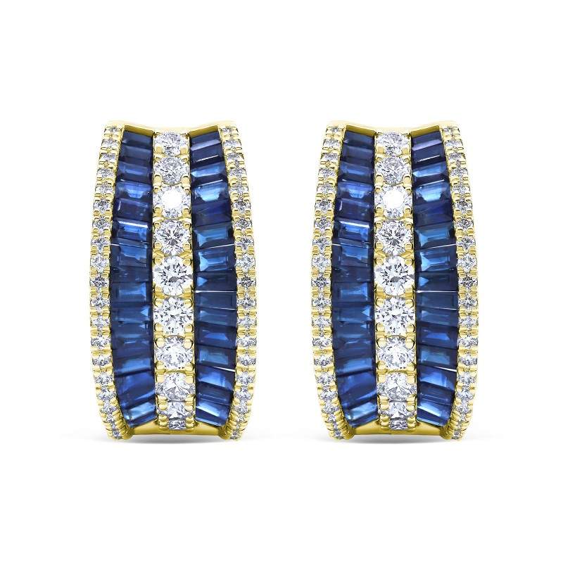 Blue Sapphire & Diamond Triple Row Oblong Hoop Earrings