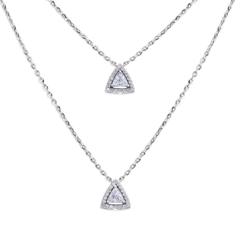 Diamond Trilliant Halo Pendant Double-Layer Necklace