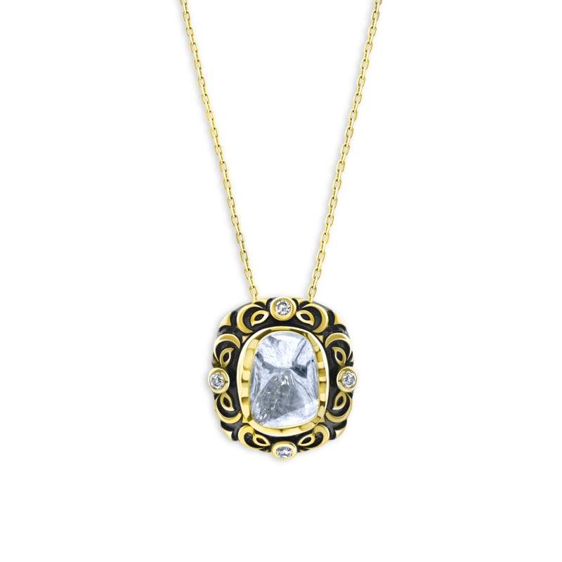 Polki Uncut Diamond & Round Antique Scroll Pendant Necklace