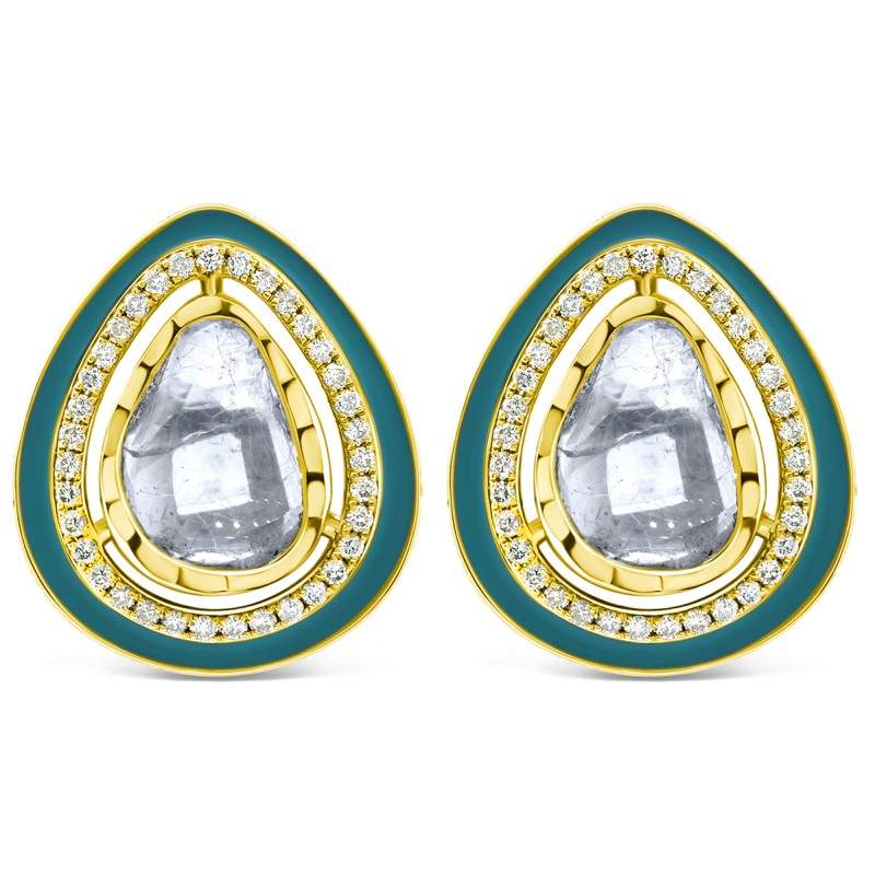 Polki Uncut Diamond & Enamel Halo Raindrop Stud Earrings