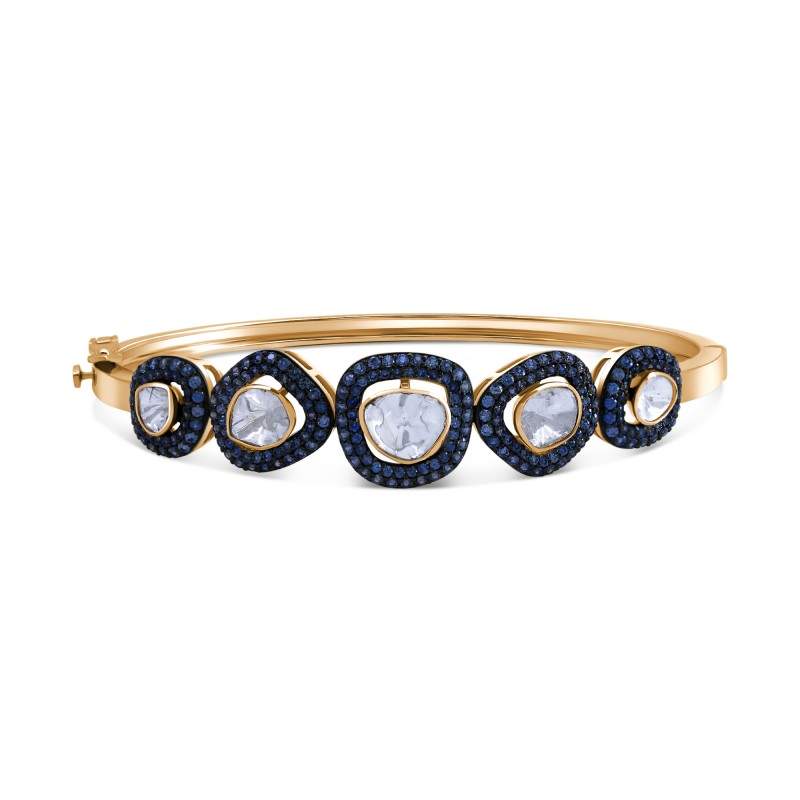 Polki Uncut Diamond Five Stone & Simulated Blue Sapphire Bangle Bracelet