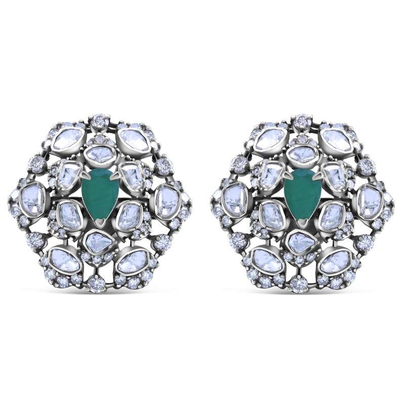 Polki Uncut Diamond Geometric Lattice Button Earrings