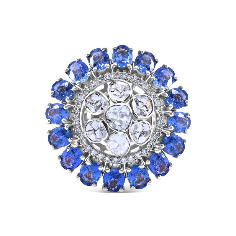 Polki Uncut Diamond & Simulated Blue Sapphire Cocktail Cluster Ring
