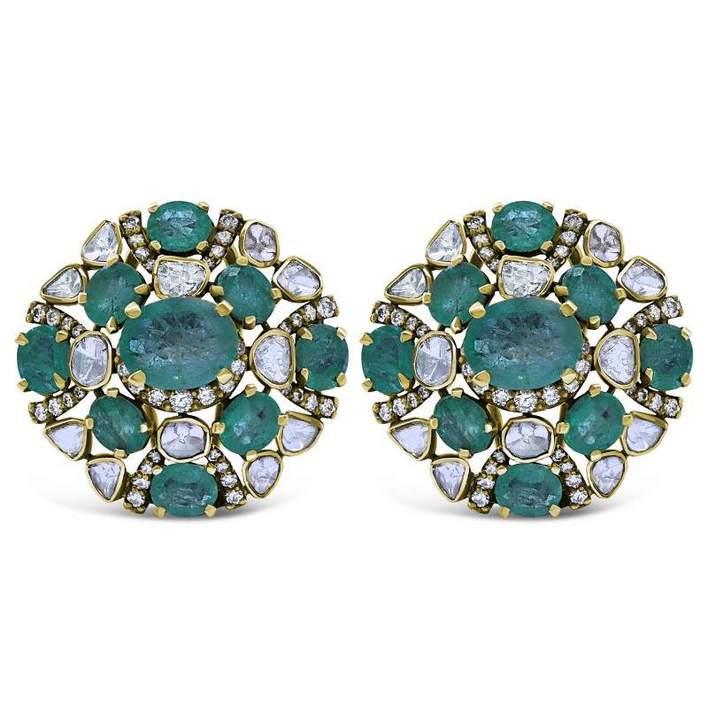 Emerald & Diamond Flower Dome Cluster  Button Earrings