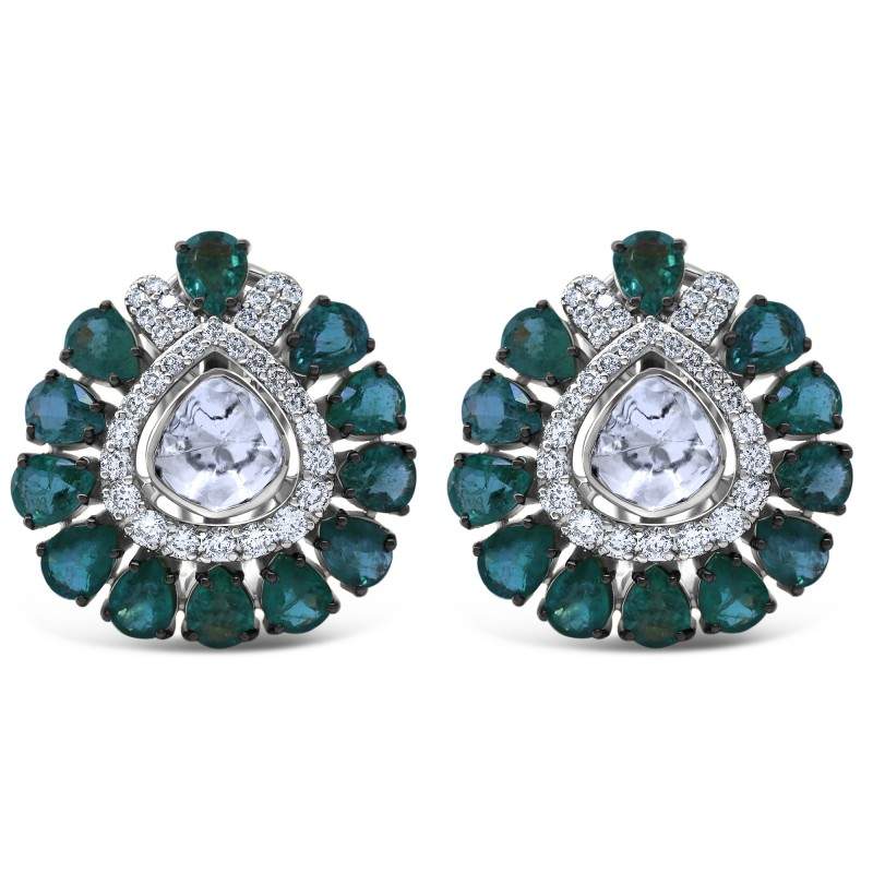 Polki Uncut Diamond & Emerald Cluster Cluster Flower Earrings w/ Omega Backs