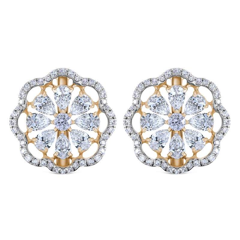 Diamond Round Brilliant & Pear Petal Flower Stud Earrings