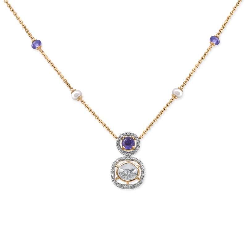 Polki Uncut & Round Diamond Pendant & White Pearl Chain Necklace