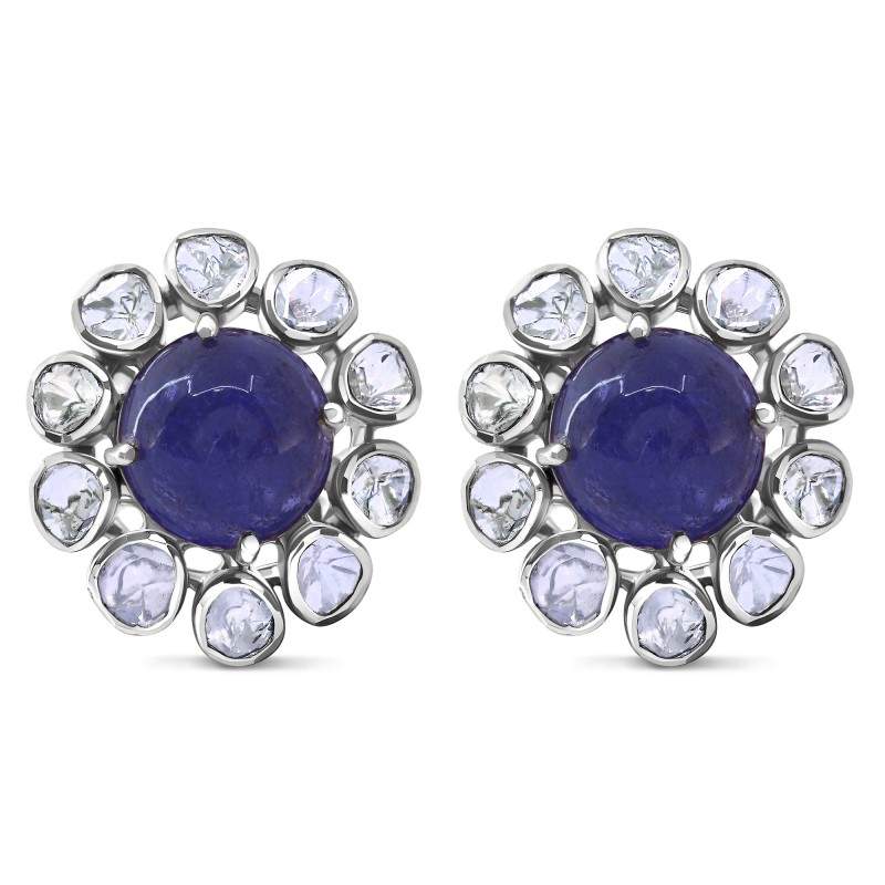 Sapphire Cabochon & Polki Uncut Diamond Flower Earrings