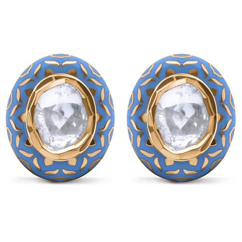 Polki Uncut Diamond & Blue Enamel Oval Stud Earrings