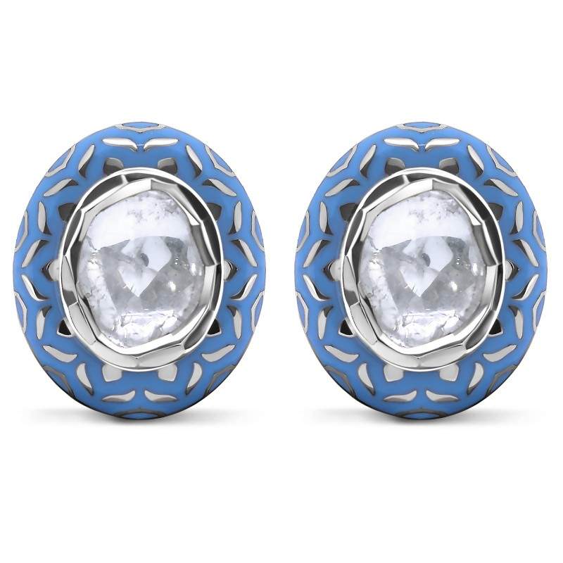 Polki Uncut Diamond & Blue Enamel Oval Stud Earrings