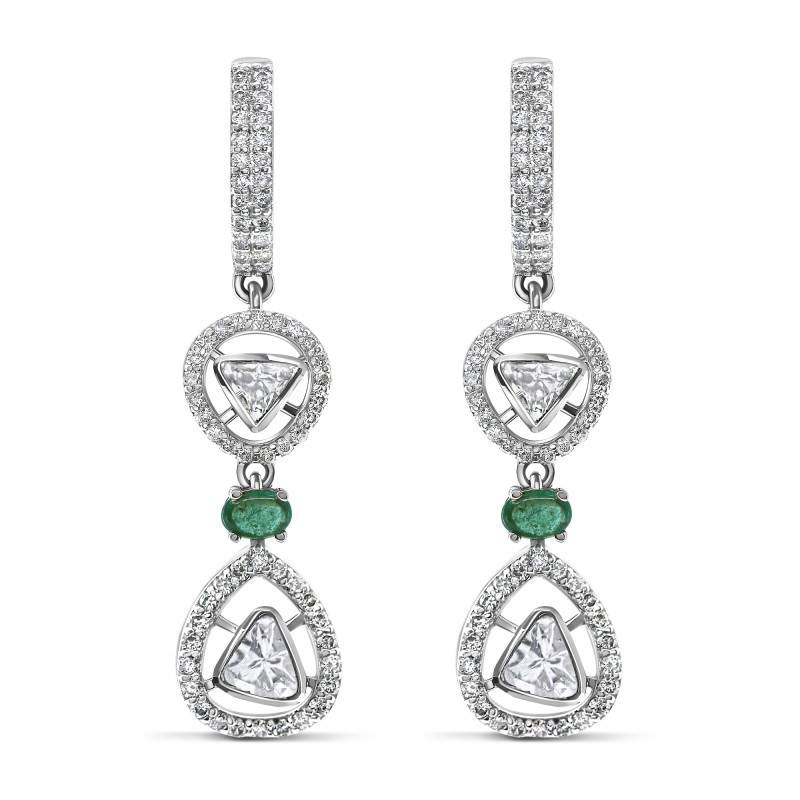 Polki Uncut Diamond & Emerald Dangle C-Hoop Earrings