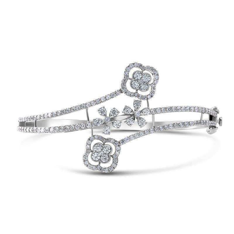 Diamond Four-Leaf Clover & Flower Halo Bangle Bracelet