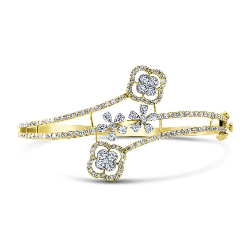 Diamond Four-Leaf Clover & Flower Halo Bangle Bracelet