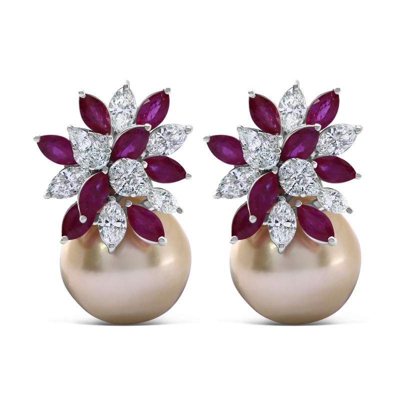 Golden South Sea Pearl, Ruby & Diamond Tropical Earrings