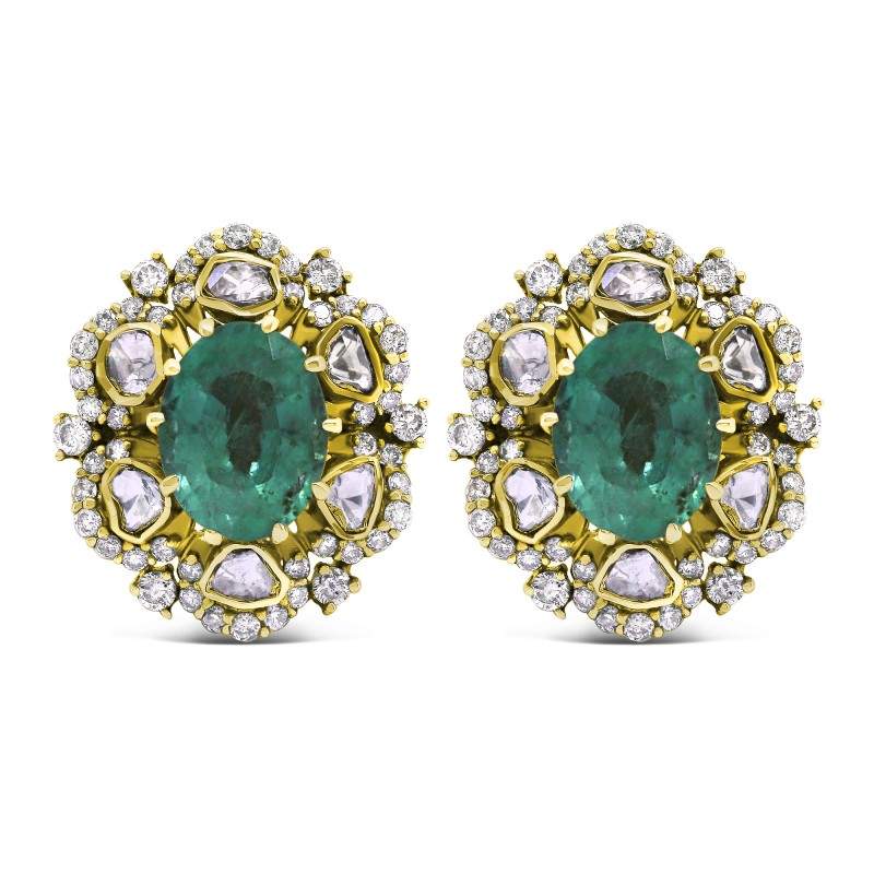 Emerald & Polki Uncut Diamond Flower Stud Earrings