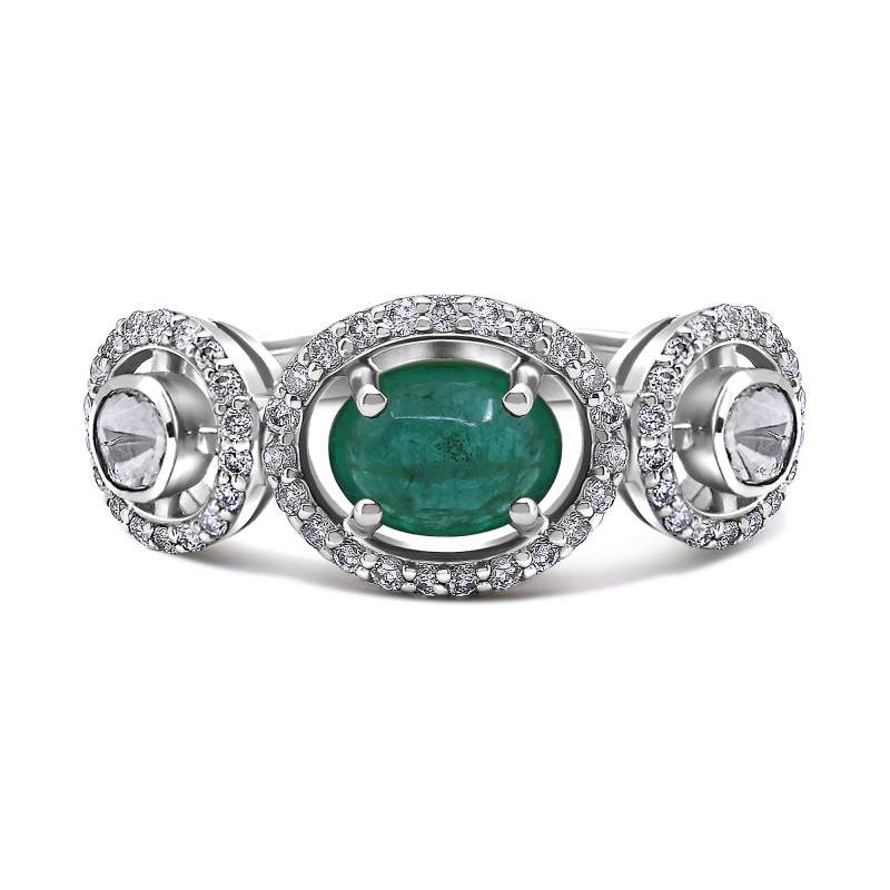 Emerald & Polki Uncut Diamond Three-Stone Halo Ring