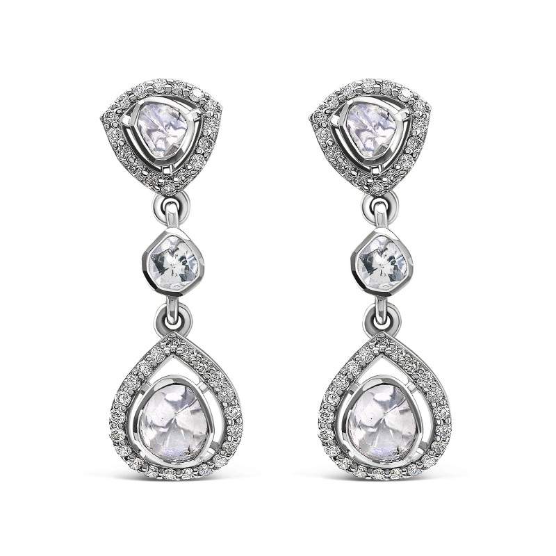Polki Uncut Diamond Three-Stone Dangle Earrings