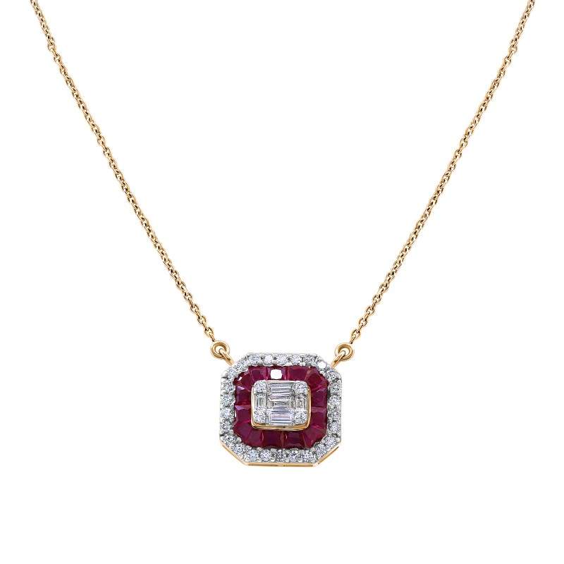 Ruby & Diamond Cushion Halo Necklace