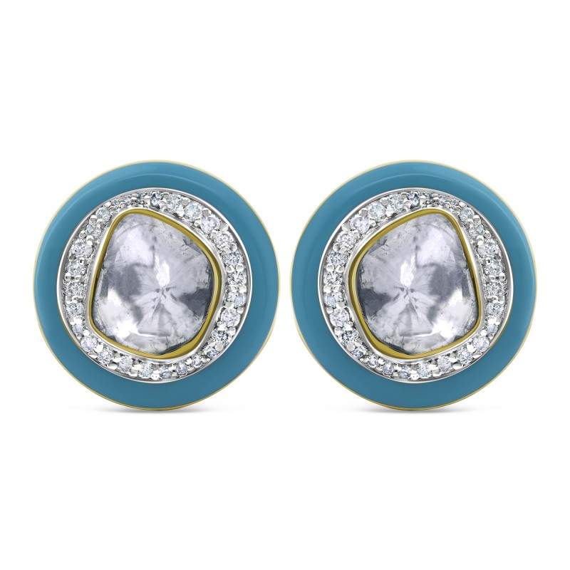 Aqua-Blue Enamel & Polki Diamond Button Earrings