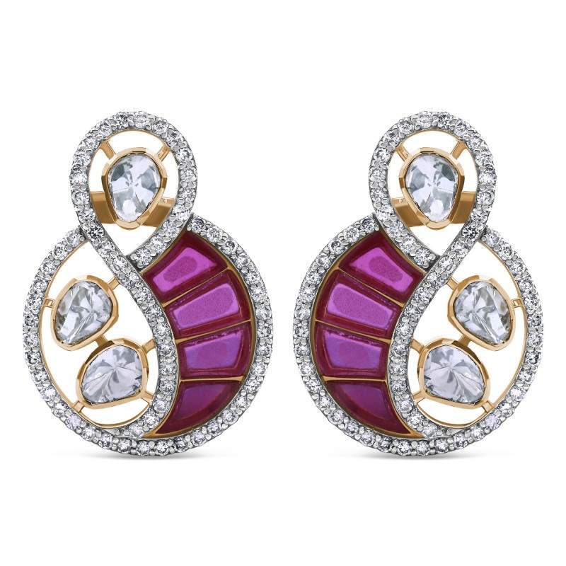 Polki Uncut Diamond & Ruby Swirl Earrings