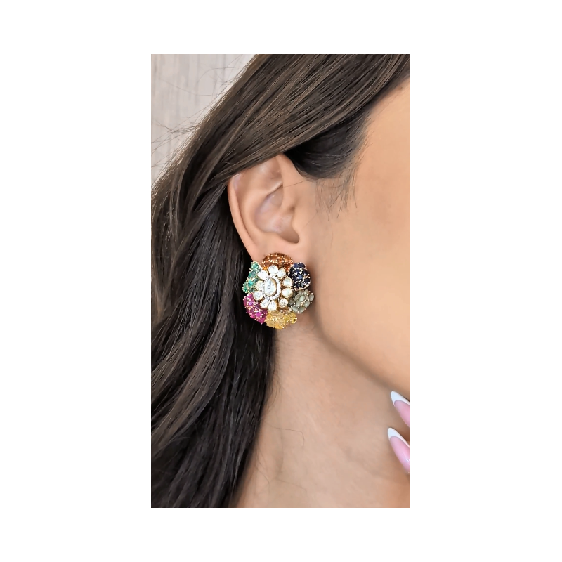 Flower Navratna Polki Earrings Flower Navratna Polki Earrings