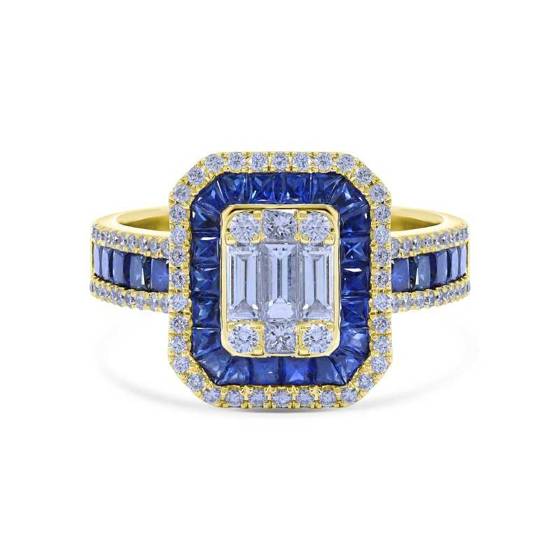 Diamonds & Blue Sapphire Double Halo Engagement Ring