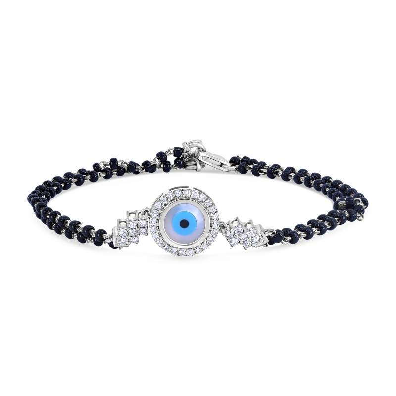 Diamond & Enamel Evil Eye Double Strand Black Bead Bracelet