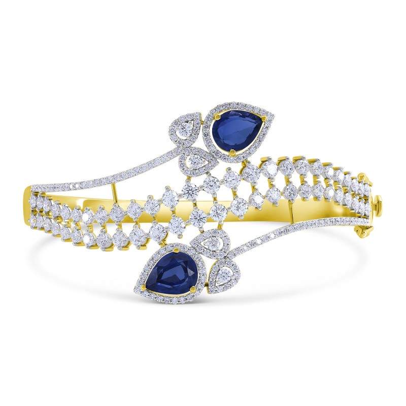 Diamond & Simulated Blue Sapphire Flower Bangle Bracelet